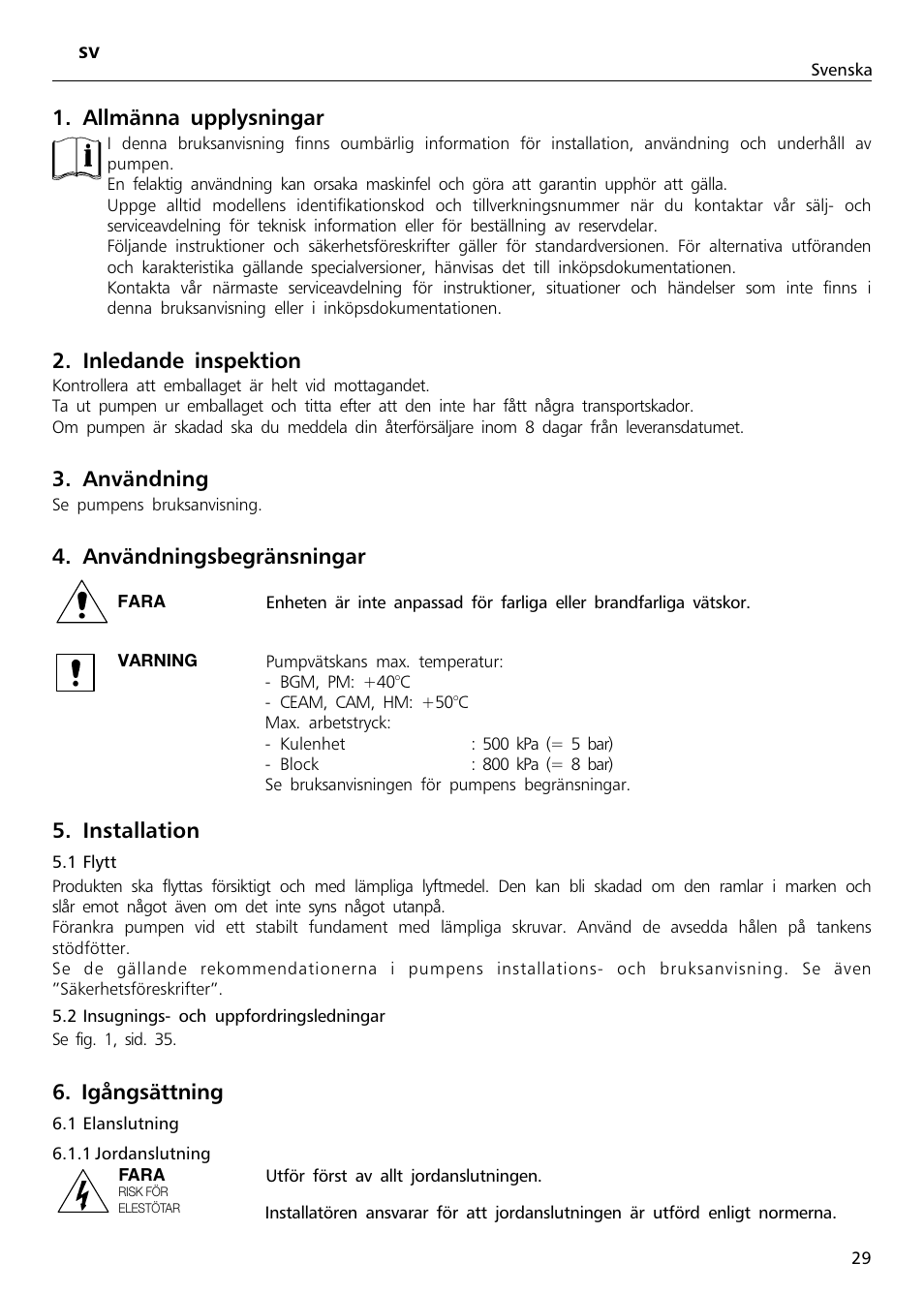 Allmänna upplysningar, Inledande inspektion, Användning | Användningsbegränsningar, Installation, Igångsättning | Xylem Sphere and Block Units User Manual | Page 29 / 40
