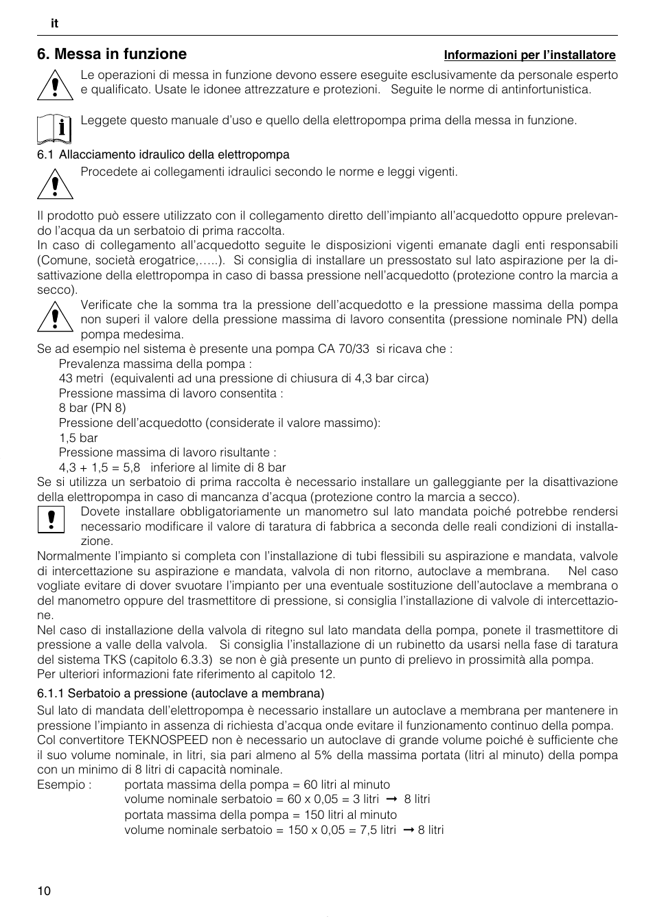 Messa in funzione | Xylem TEKNOSPEED User Manual | Page 10 / 120