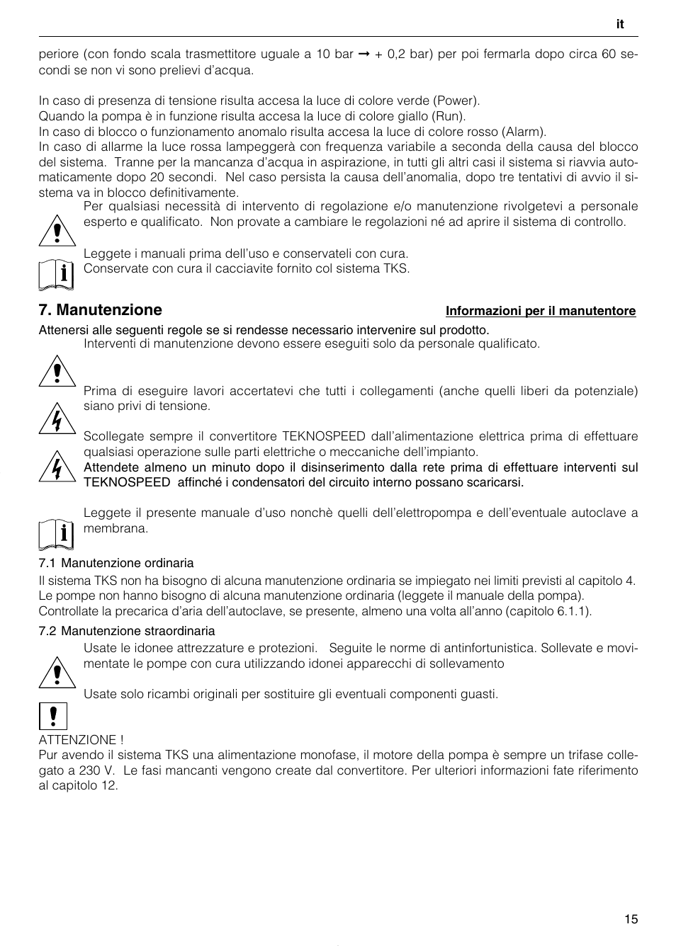 Manutenzione | Xylem TEKNOSPEED User Manual | Page 15 / 120