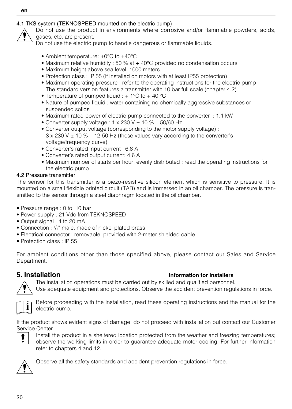 Installation | Xylem TEKNOSPEED User Manual | Page 20 / 120