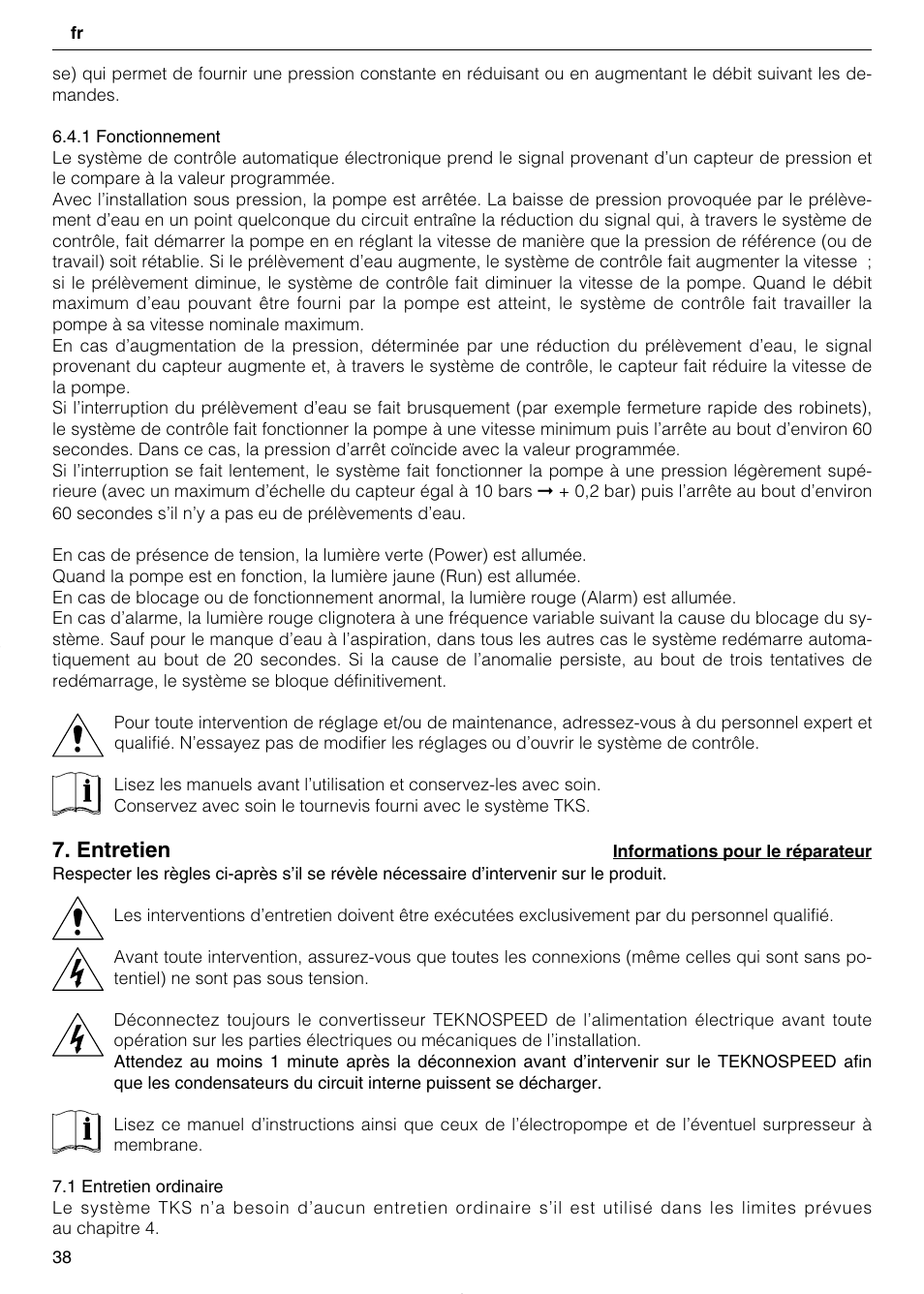 Entretien | Xylem TEKNOSPEED User Manual | Page 38 / 120