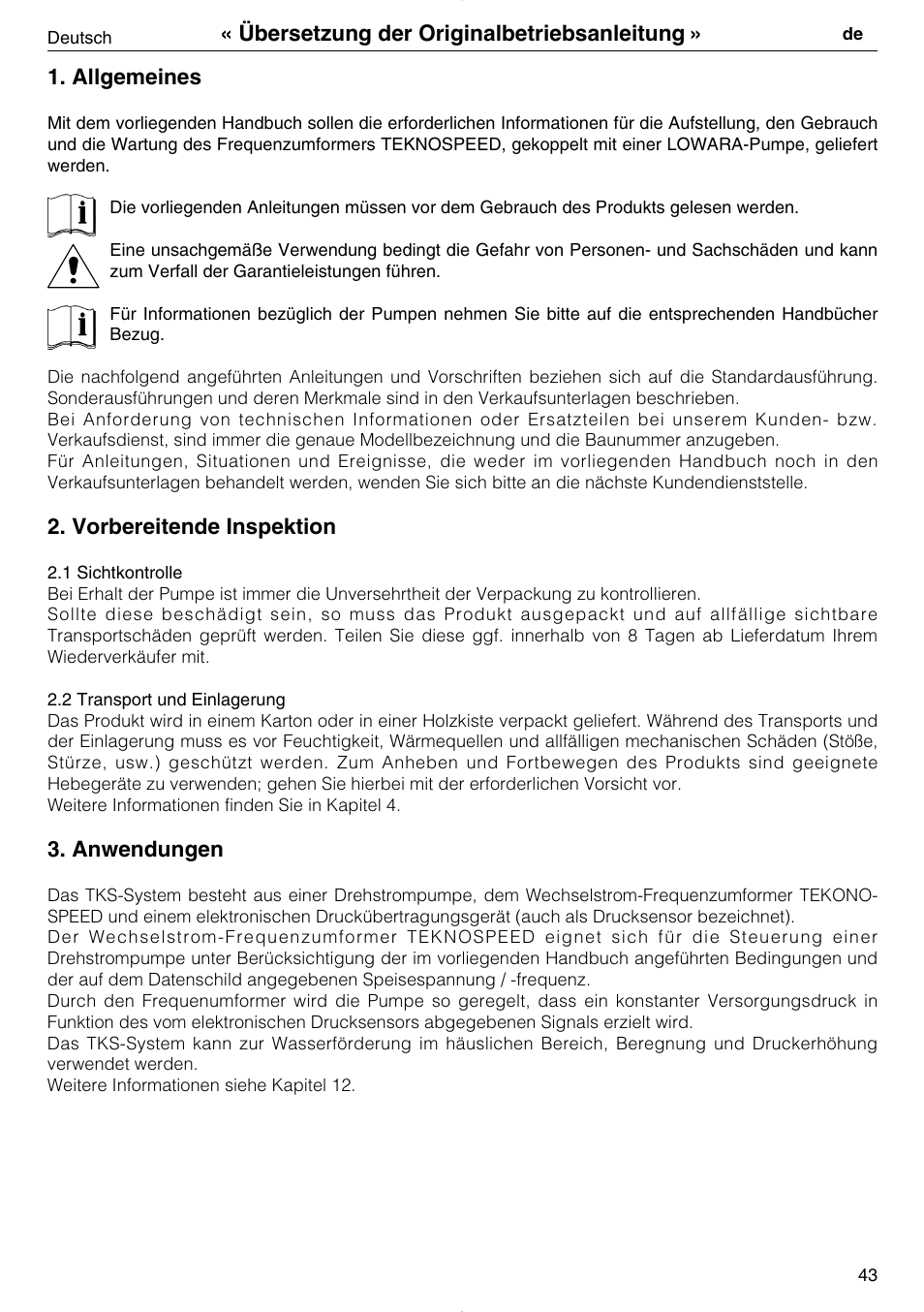 Allgemeines, Vorbereitende inspektion, Anwendungen | Übersetzung der originalbetriebsanleitung | Xylem TEKNOSPEED User Manual | Page 43 / 120