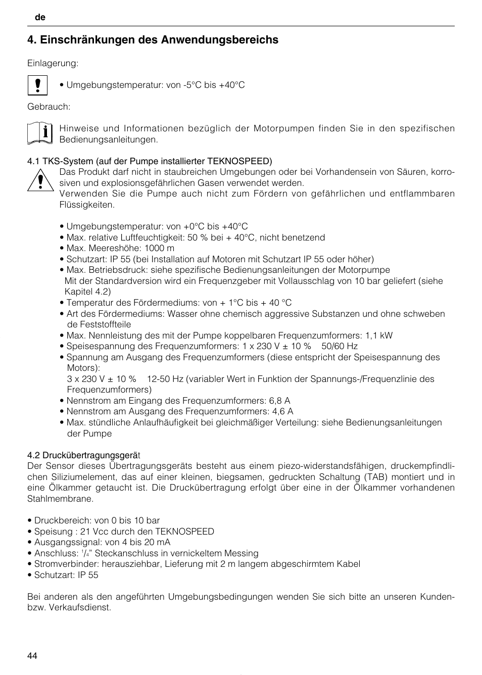 Einschränkungen des anwendungsbereichs | Xylem TEKNOSPEED User Manual | Page 44 / 120