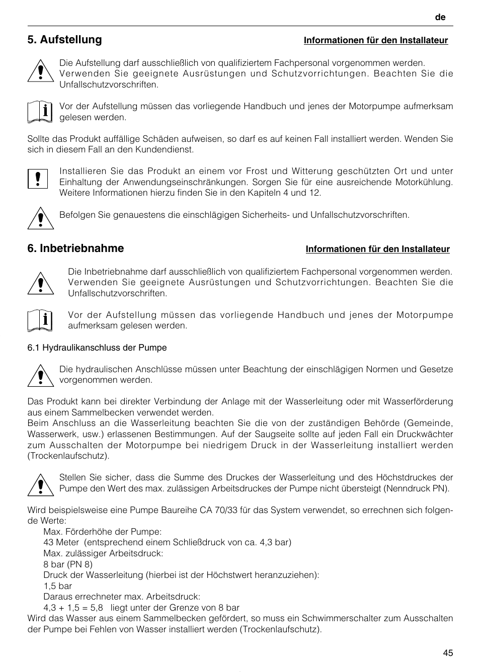 Aufstellung, Inbetriebnahme | Xylem TEKNOSPEED User Manual | Page 45 / 120