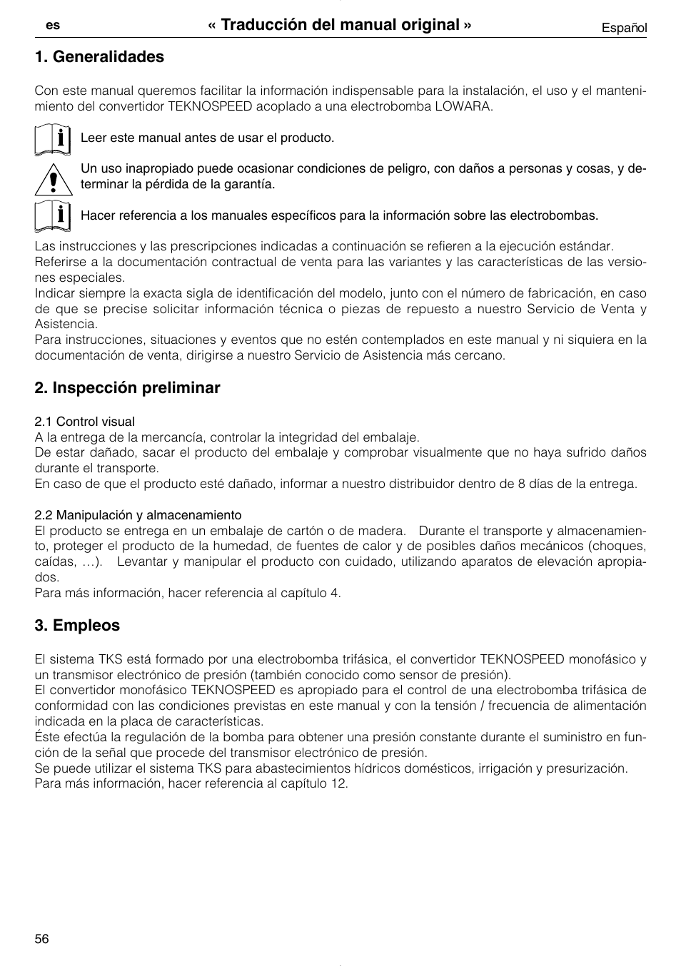 Generalidades, Inspección preliminar, Empleos | Traducción del manual original | Xylem TEKNOSPEED User Manual | Page 56 / 120