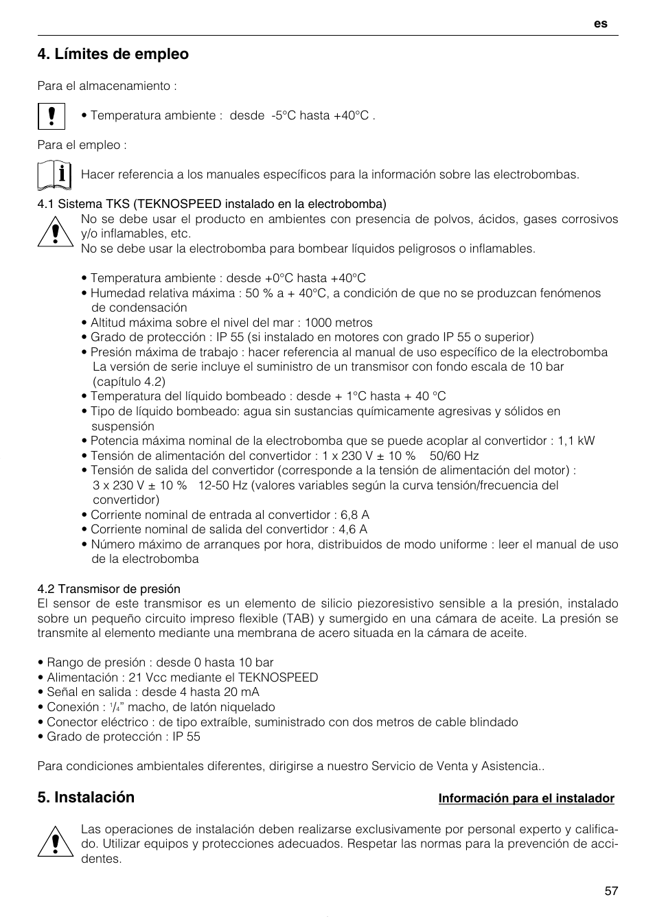 Límites de empleo, Instalación | Xylem TEKNOSPEED User Manual | Page 57 / 120