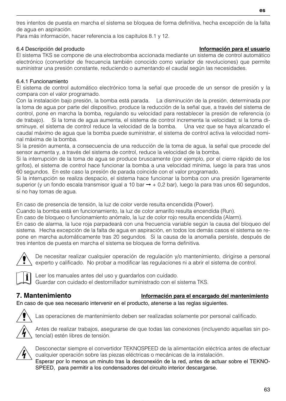 Mantenimiento | Xylem TEKNOSPEED User Manual | Page 63 / 120