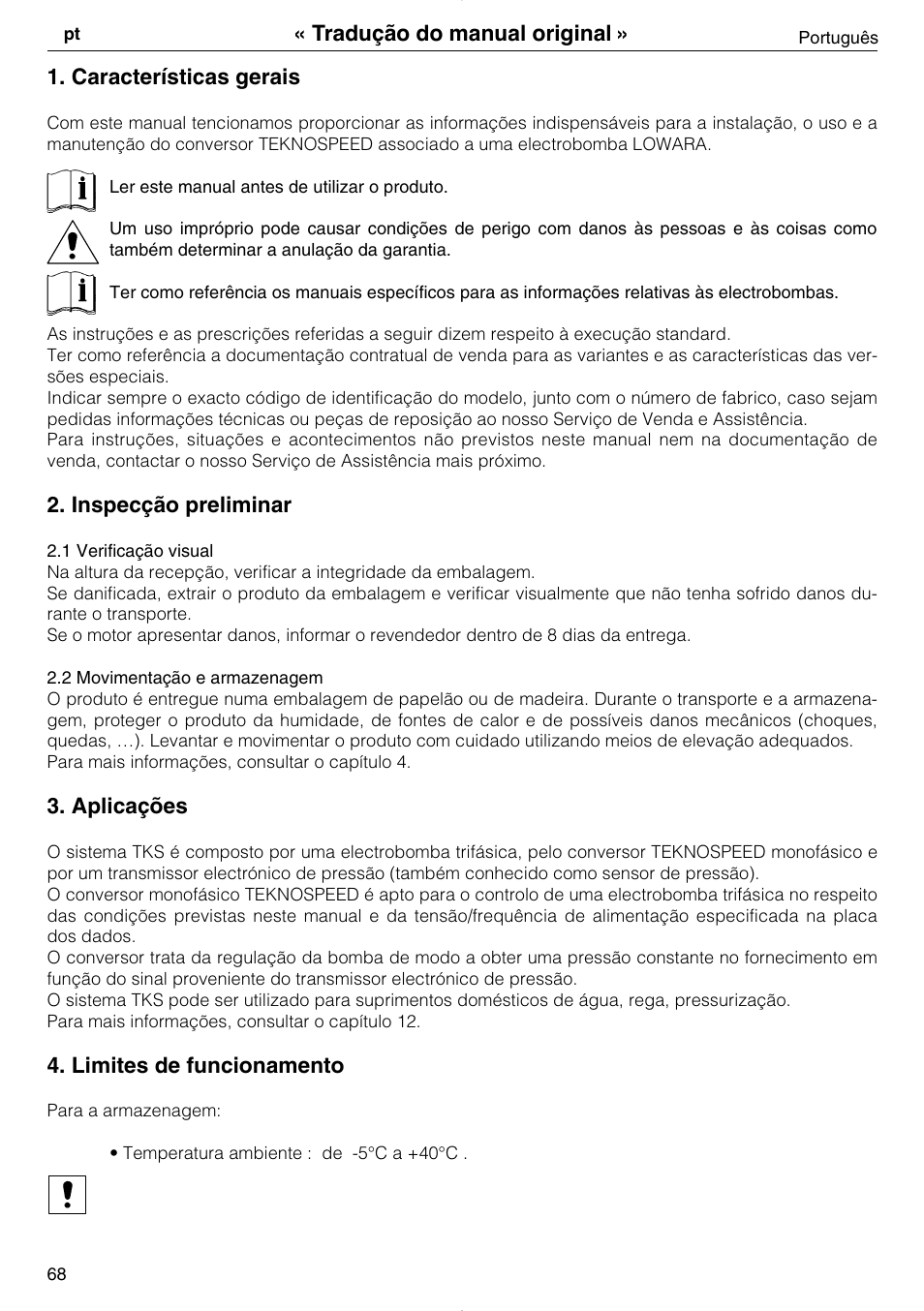 Características gerais, Inspecção preliminar, Aplicações | Limites de funcionamento, Tradução do manual original | Xylem TEKNOSPEED User Manual | Page 68 / 120