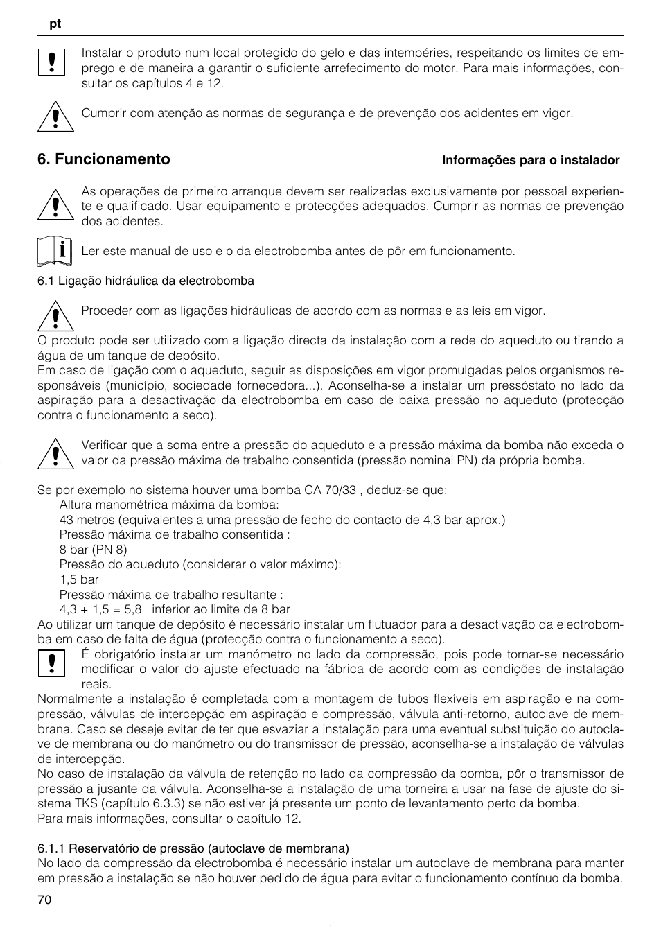 Funcionamento | Xylem TEKNOSPEED User Manual | Page 70 / 120