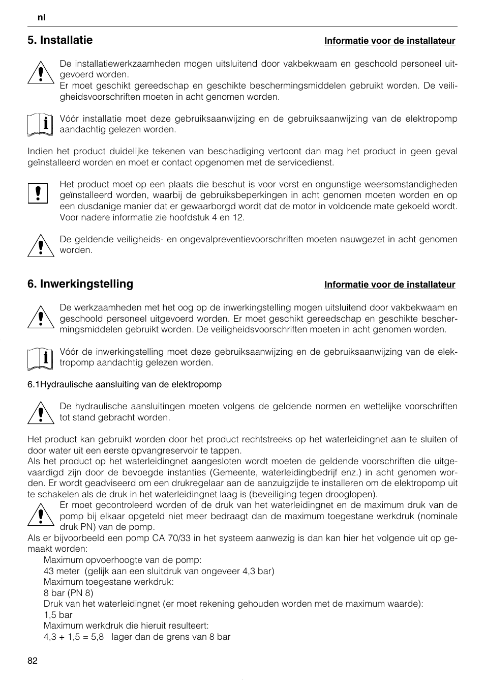 Installatie, Inwerkingstelling | Xylem TEKNOSPEED User Manual | Page 82 / 120