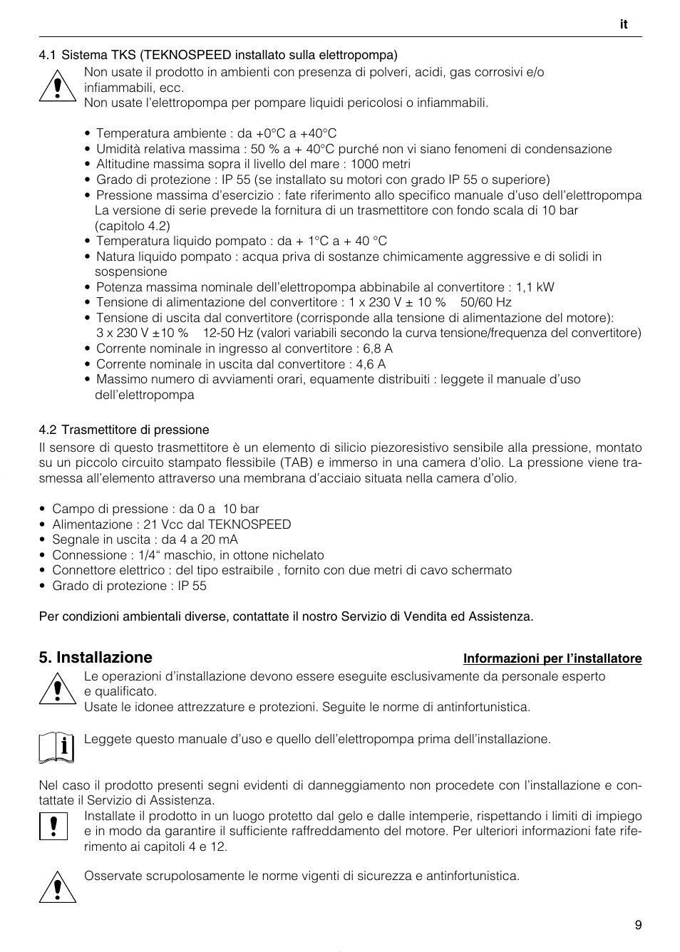 Installazione | Xylem TEKNOSPEED User Manual | Page 9 / 120