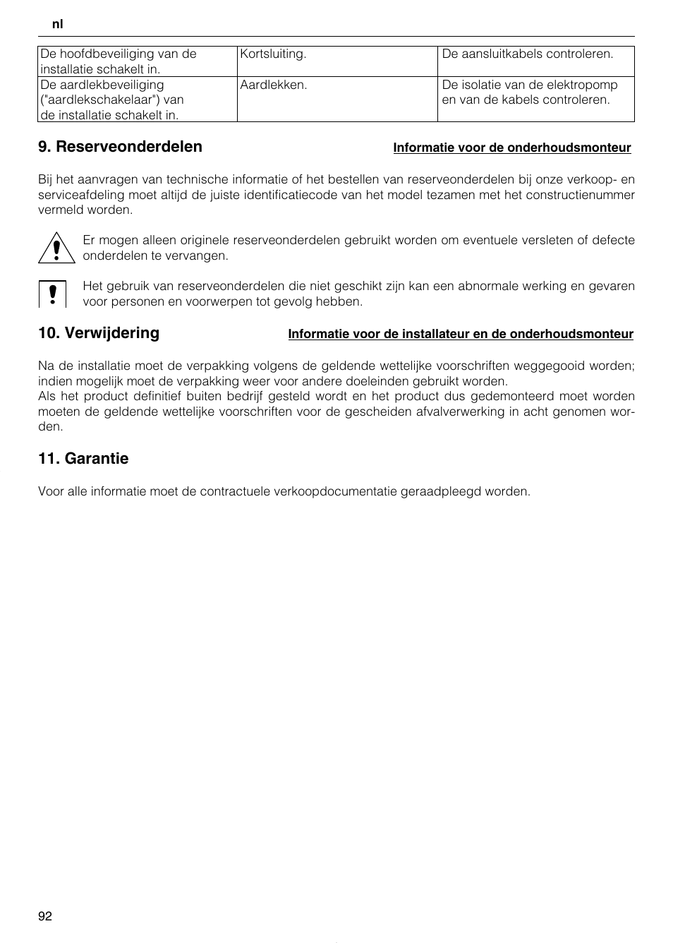 Reserveonderdelen, Verwijdering, Garantie | Xylem TEKNOSPEED User Manual | Page 92 / 120