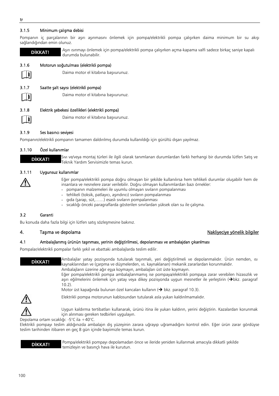 Taşıma ve depolama nakliyeciye yönelik bilgiler, Dikkat | Xylem Z6 ZN6 User Manual | Page 100 / 120