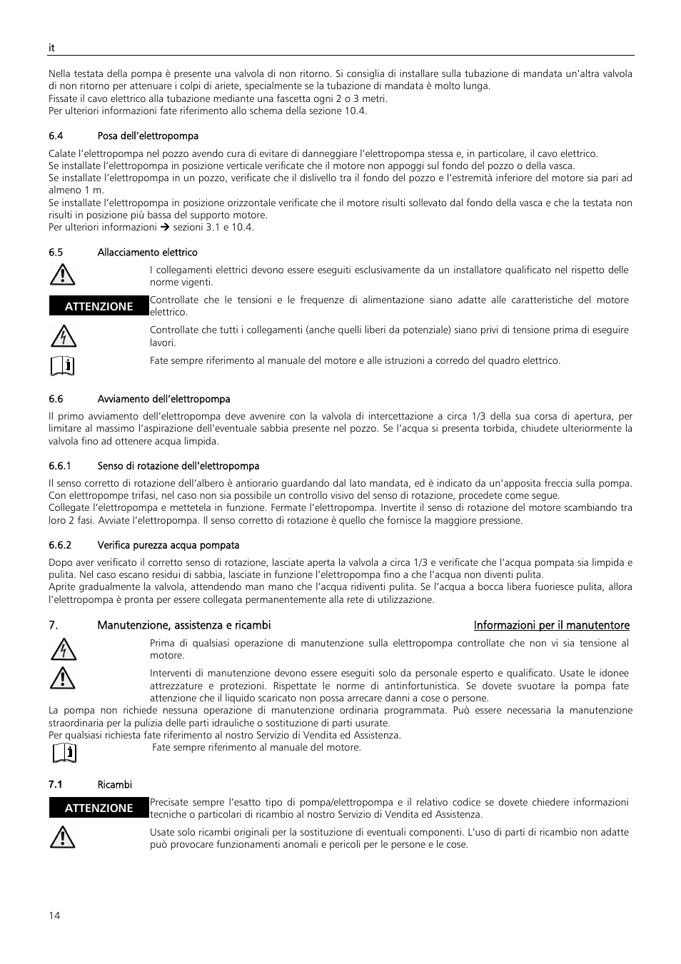 Attenzione | Xylem Z6 ZN6 User Manual | Page 14 / 120