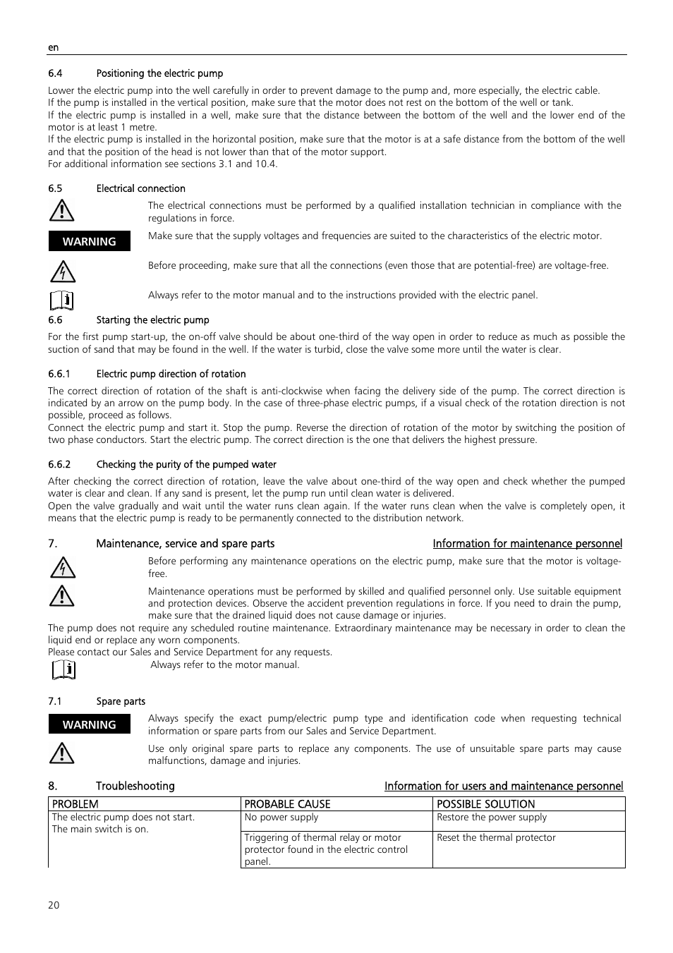 Problem probable cause possible solution, Warning | Xylem Z6 ZN6 User Manual | Page 20 / 120