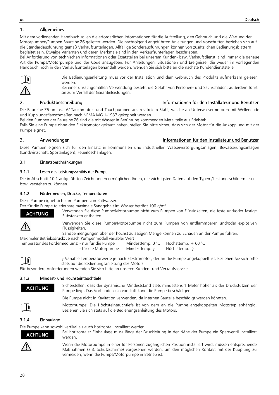 Allgemeines, Achtung | Xylem Z6 ZN6 User Manual | Page 28 / 120