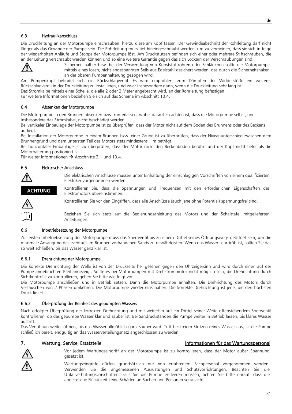 Achtung | Xylem Z6 ZN6 User Manual | Page 31 / 120