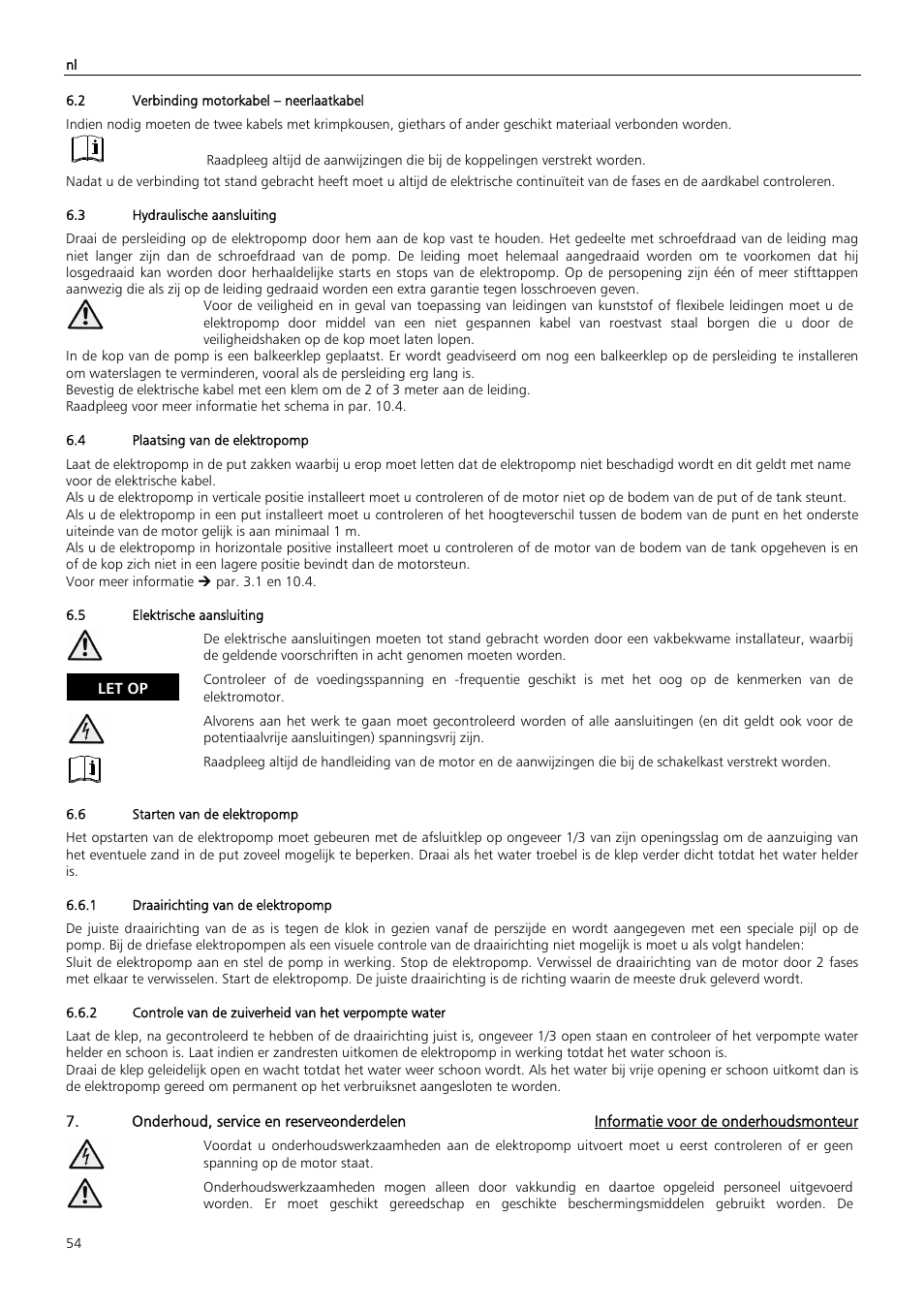Let op | Xylem Z6 ZN6 User Manual | Page 54 / 120