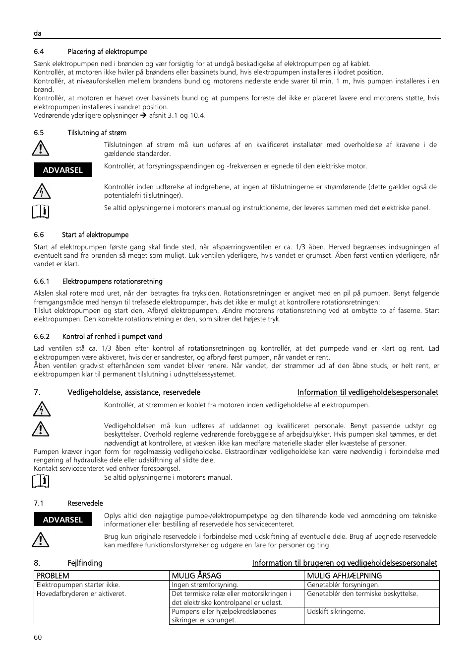Problem mulig årsag mulig afhjælpning, Advarsel | Xylem Z6 ZN6 User Manual | Page 60 / 120