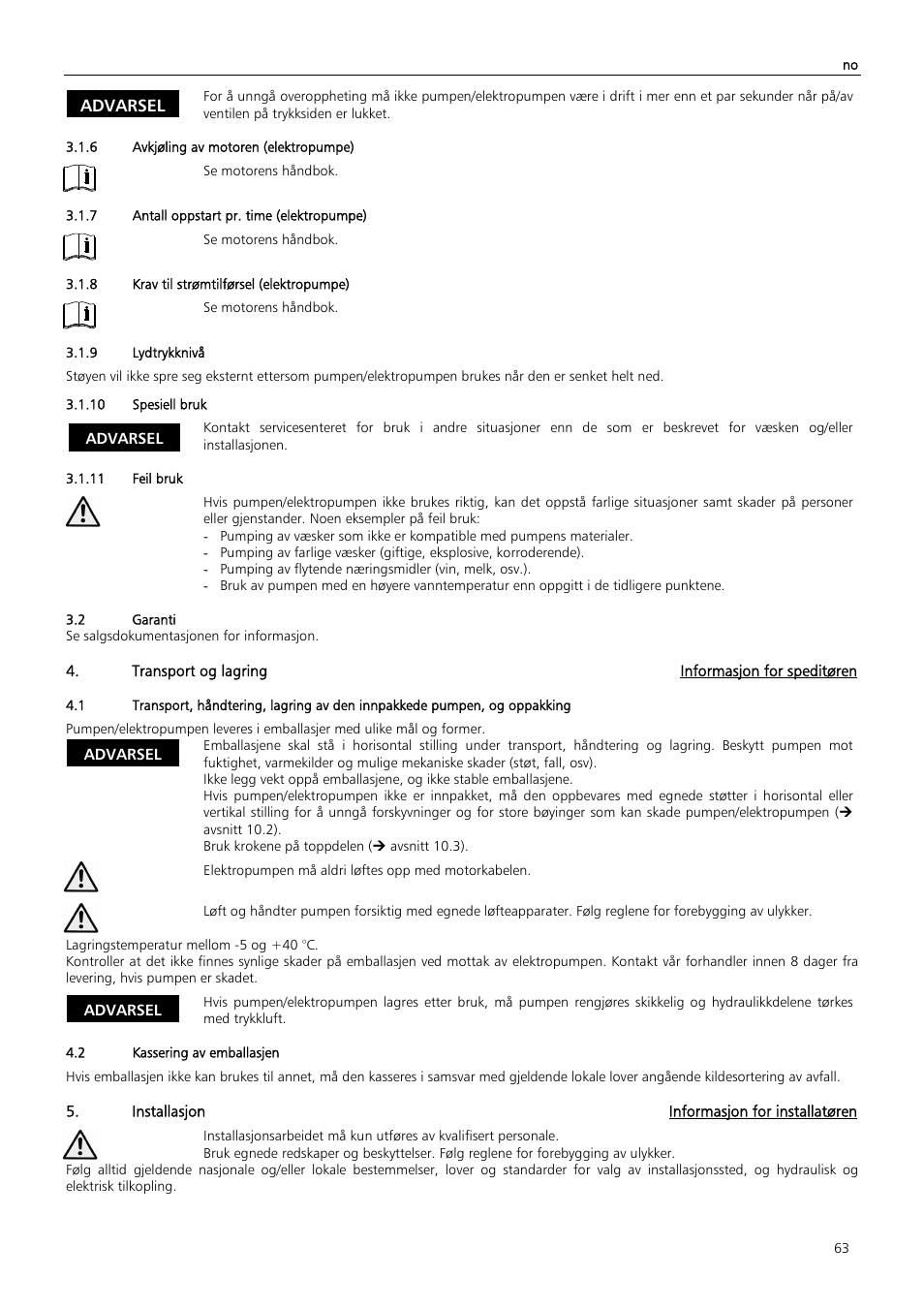 Advarsel | Xylem Z6 ZN6 User Manual | Page 63 / 120