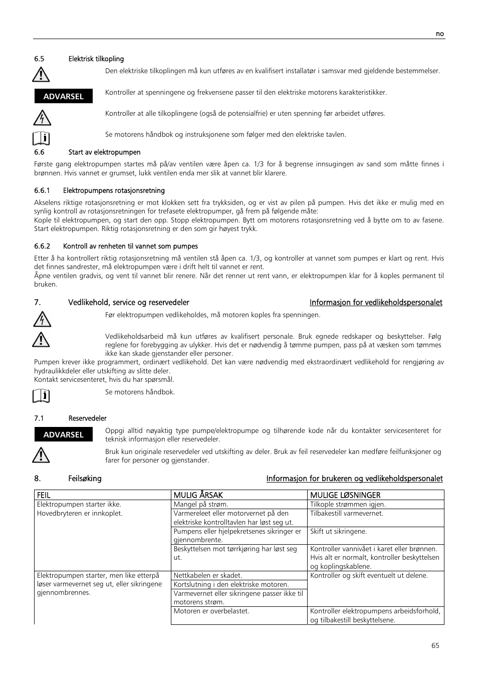 Feil mulig årsak mulige løsninger, Advarsel | Xylem Z6 ZN6 User Manual | Page 65 / 120