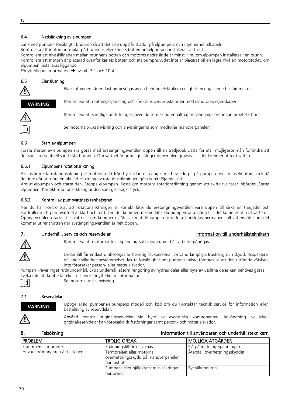 Problem trolig orsak möjliga åtgärder, Varning | Xylem Z6 ZN6 User Manual | Page 70 / 120