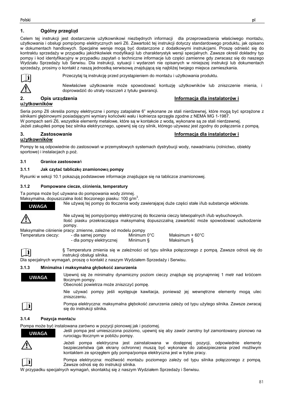 Ogólny przegl ą d, Uwaga | Xylem Z6 ZN6 User Manual | Page 81 / 120