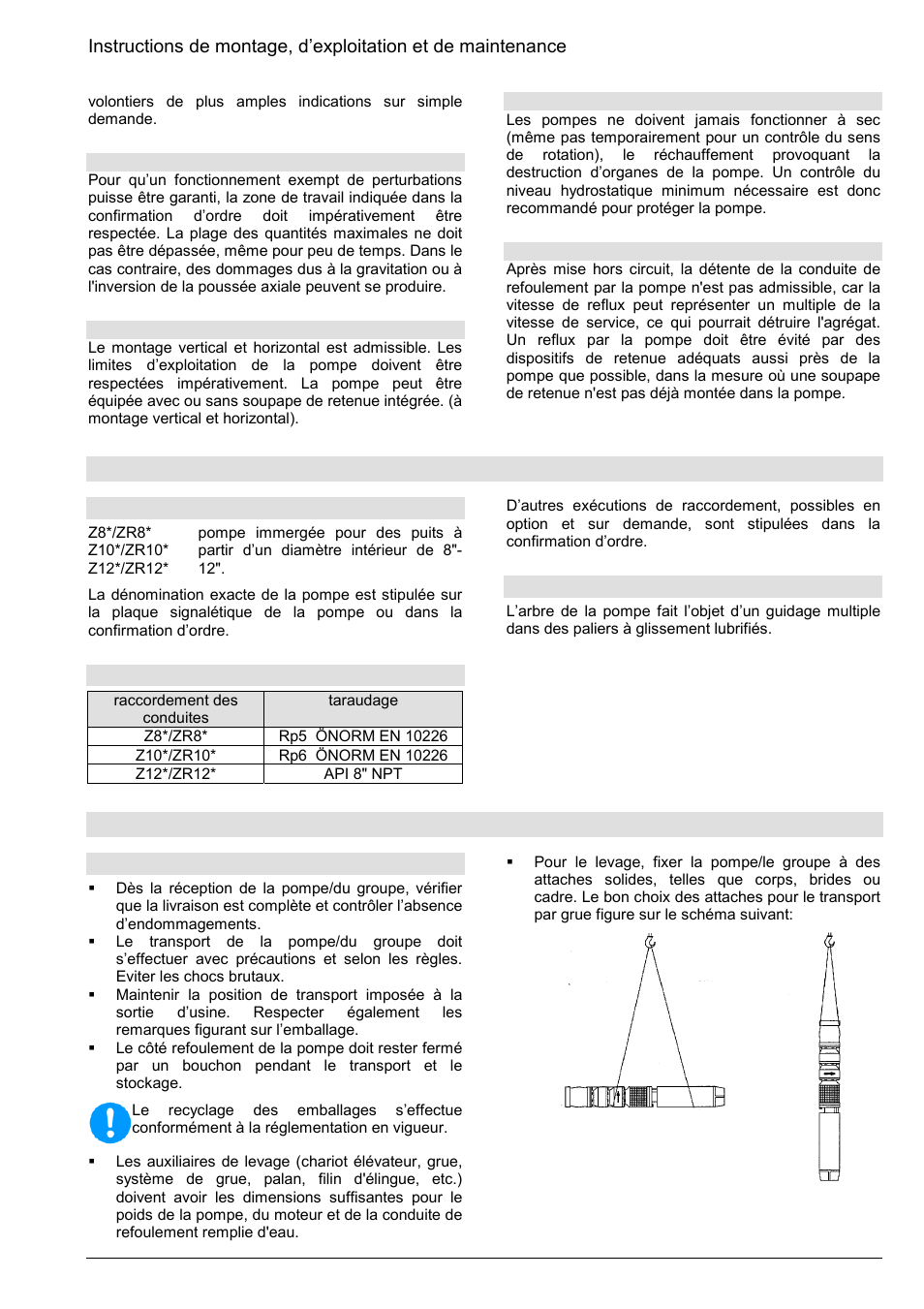 Description de l’exécution, Transport, manutention, stockage | Xylem Z8 ZR8 Z10 ZR10 Z12 ZR12 User Manual | Page 17 / 88
