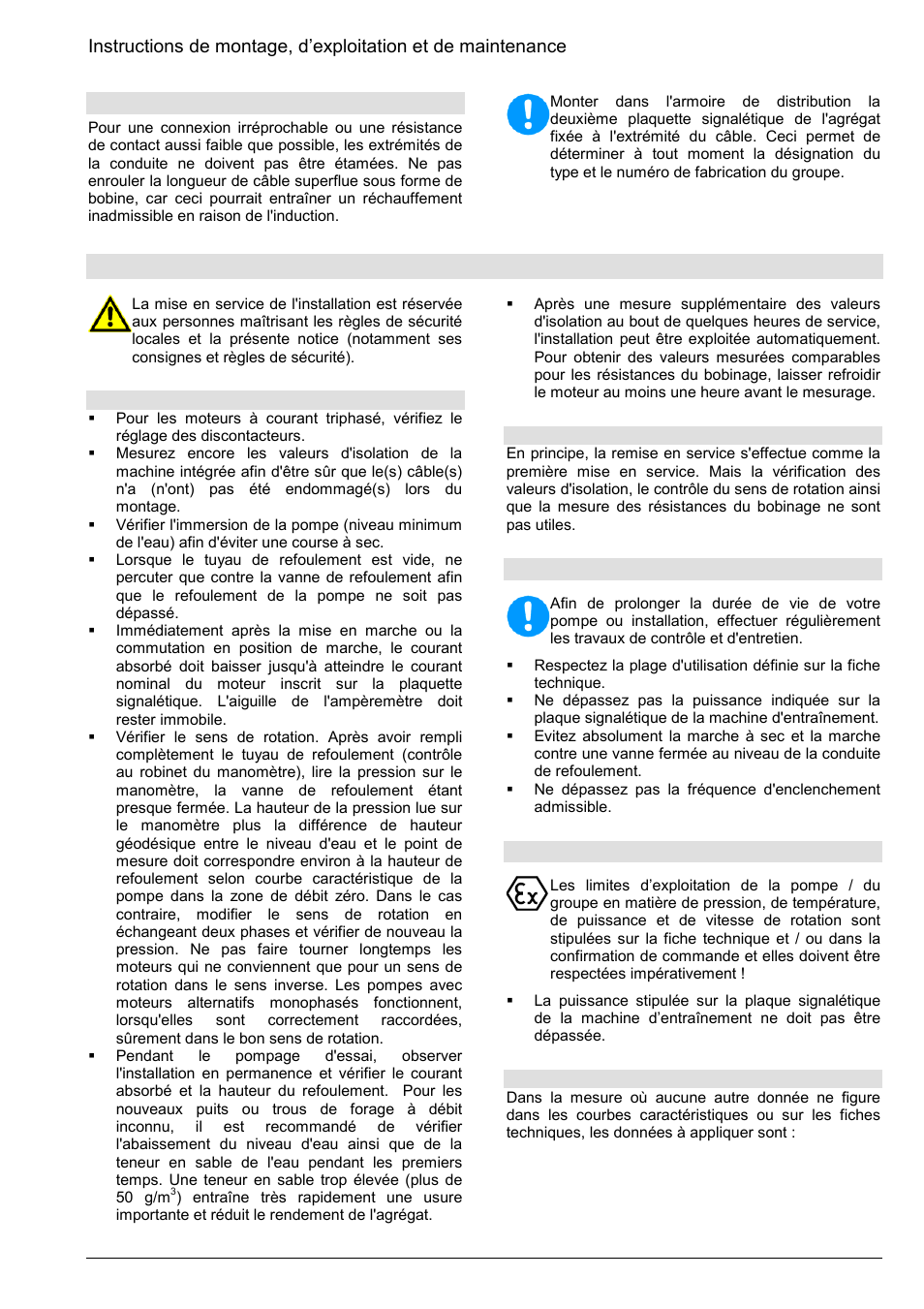 Mise en service, 2 raccordement des câbles, 1 fonctionnement et contrôle | 2 limites de l’exploitation | Xylem Z8 ZR8 Z10 ZR10 Z12 ZR12 User Manual | Page 21 / 88
