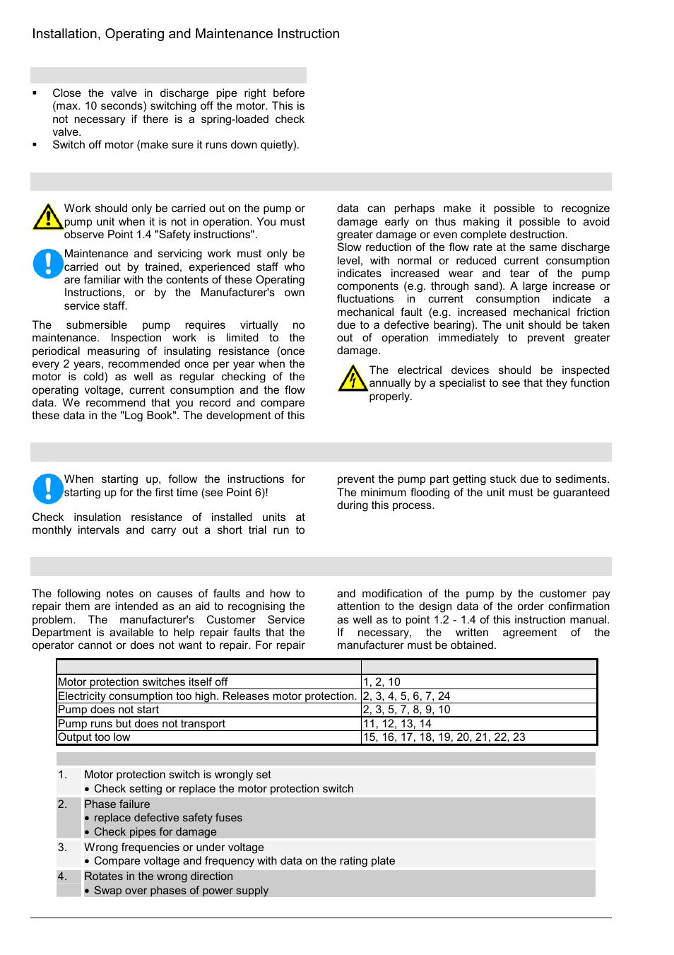 Maintenance, servicing, Longer periods of non-operation, Faults - causes and solutions | 3 shutting down | Xylem Z8 ZR8 Z10 ZR10 Z12 ZR12 User Manual | Page 34 / 88