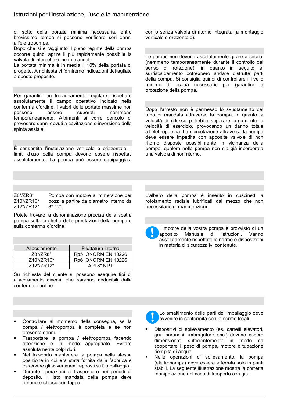 Descrizione, Trasporto, manipolazione, conservazione | Xylem Z8 ZR8 Z10 ZR10 Z12 ZR12 User Manual | Page 40 / 88