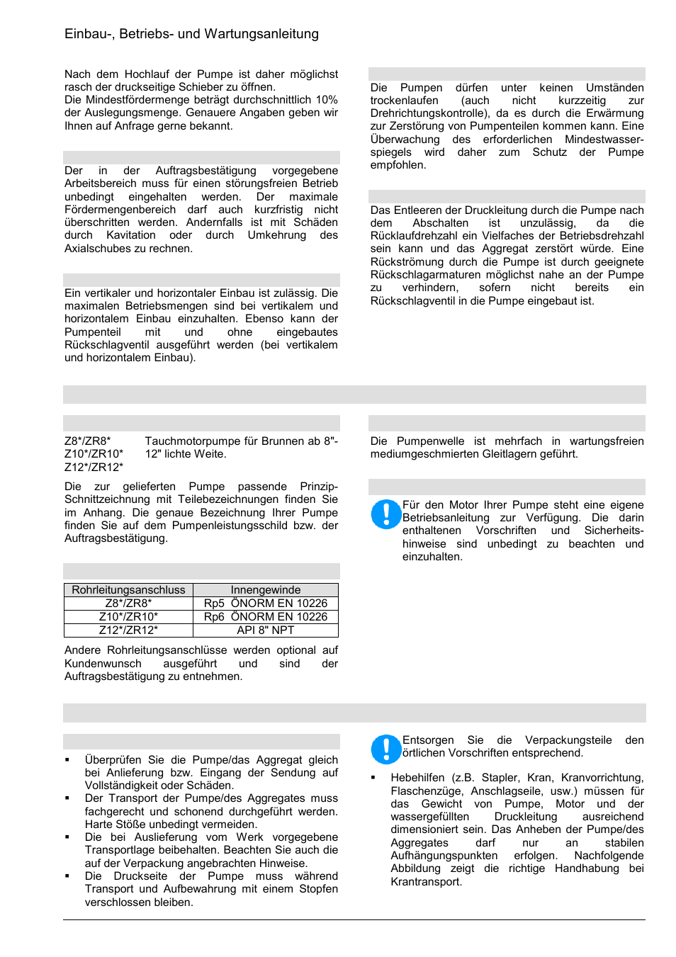 Ausführungsbeschreibung, Transport, handhabung, aufbewahrung | Xylem Z8 ZR8 Z10 ZR10 Z12 ZR12 User Manual | Page 5 / 88