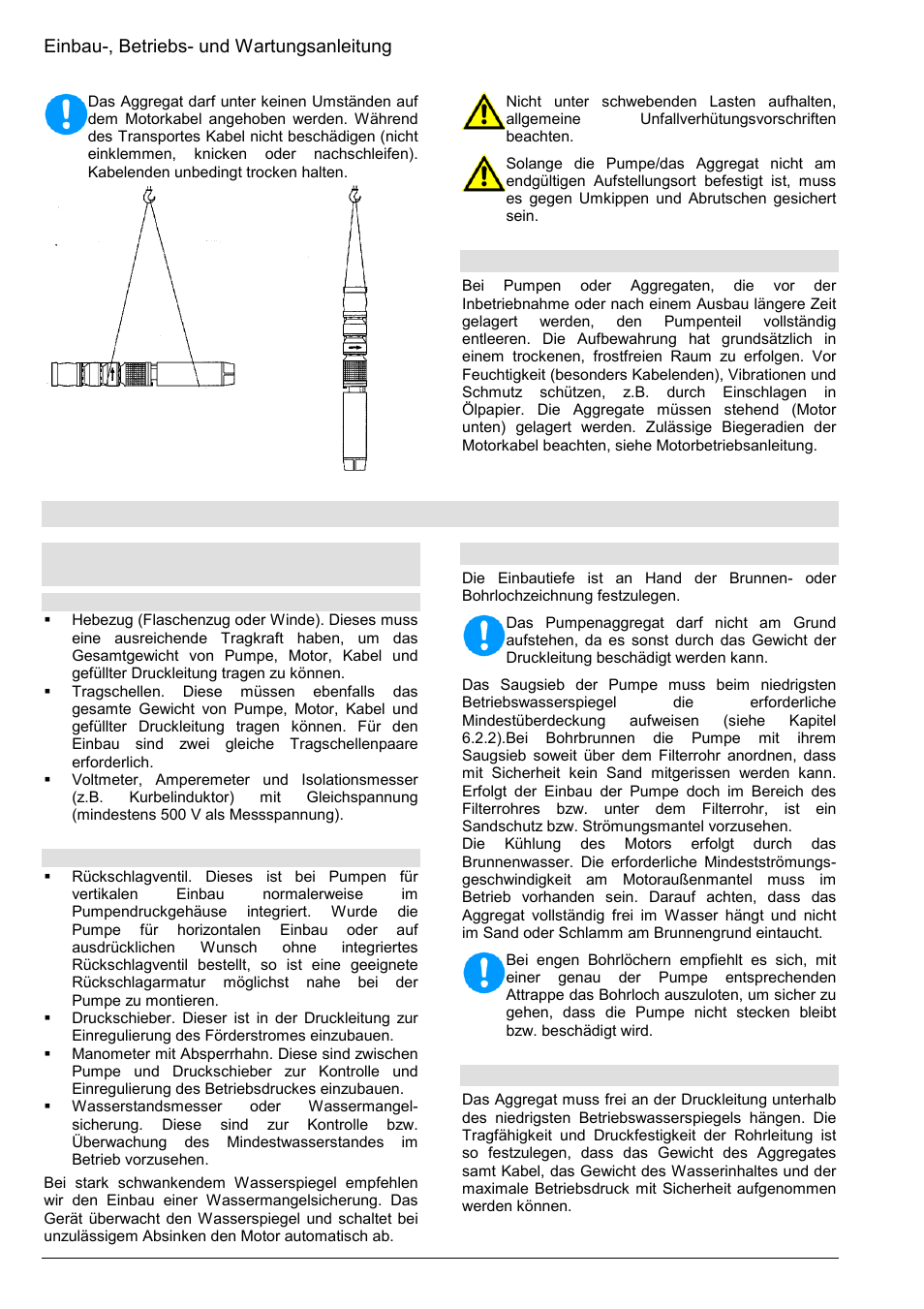 Montage, betrieb, Einbau-, betriebs- und wartungsanleitung, 2 aufbewahrung | 1 vorbereitungen zum einbau des aggregates, 2 festlegung der einbautiefe, 3 rohrleitung | Xylem Z8 ZR8 Z10 ZR10 Z12 ZR12 User Manual | Page 6 / 88