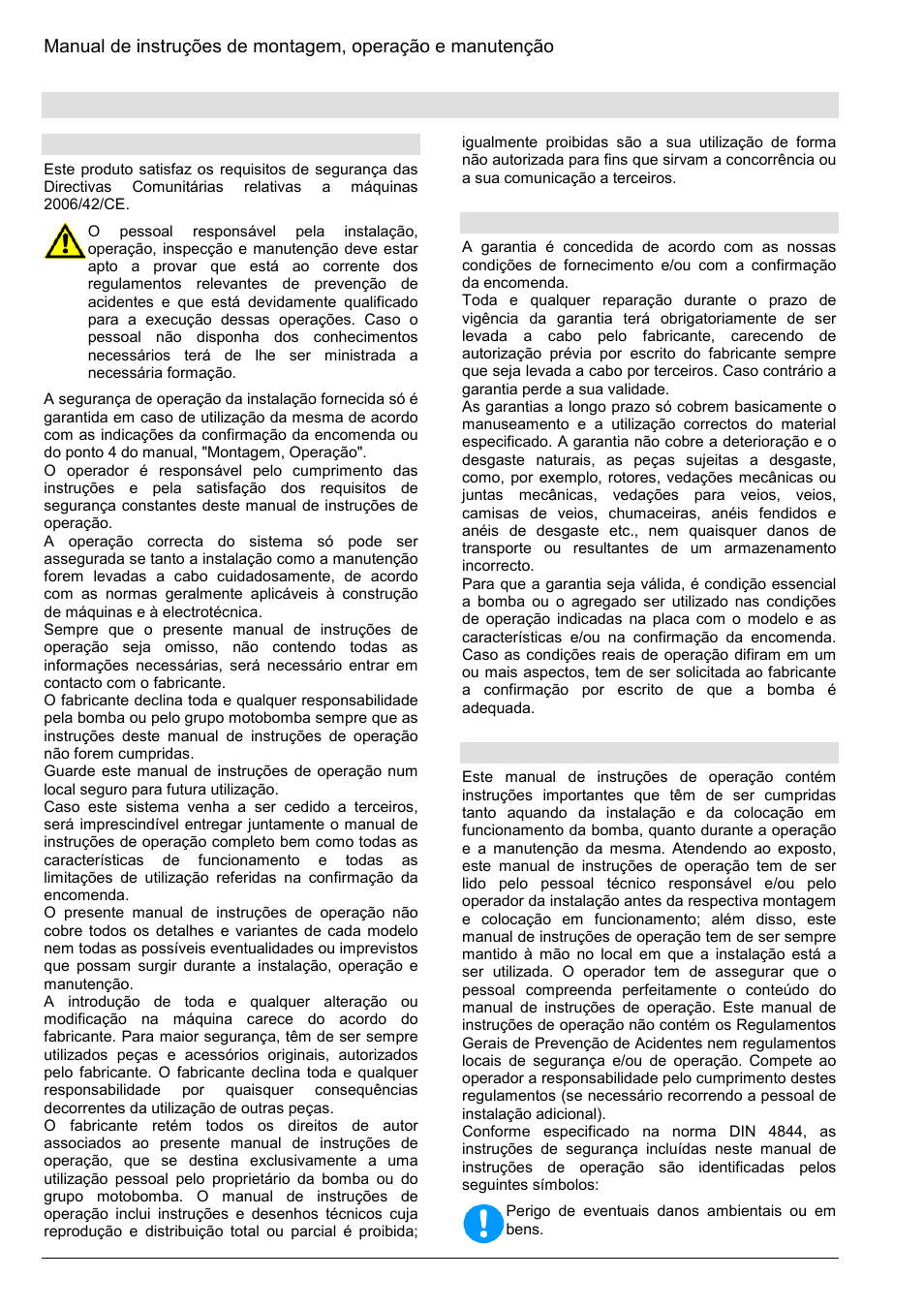 Generalidades, 1 introdução, 2 garantia | 3 normas de segurança | Xylem Z8 ZR8 Z10 ZR10 Z12 ZR12 User Manual | Page 62 / 88