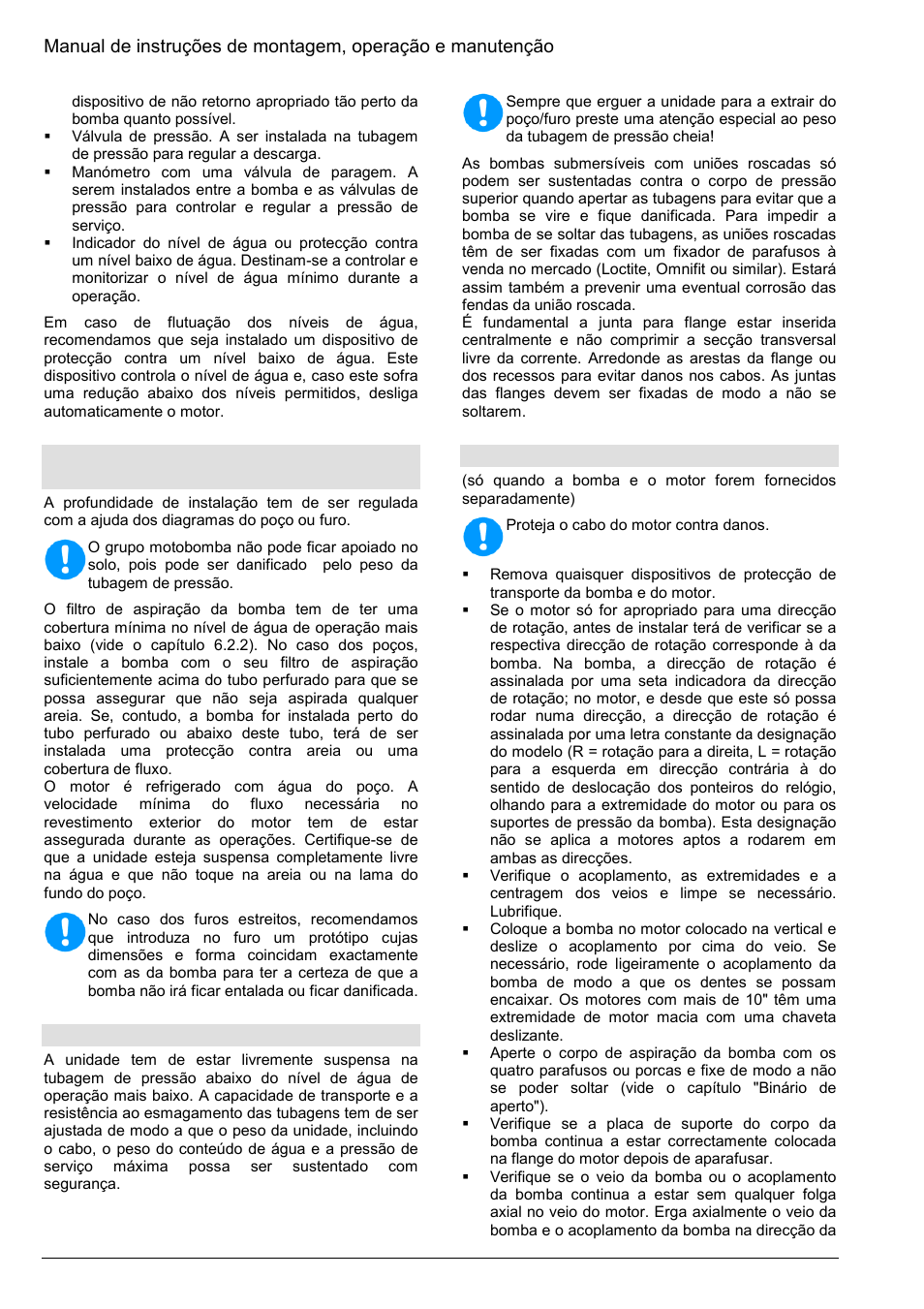 2 regulação da profundidade de instalação, 3 tubagens, 4 acoplamento do motor e da bomba | Xylem Z8 ZR8 Z10 ZR10 Z12 ZR12 User Manual | Page 66 / 88