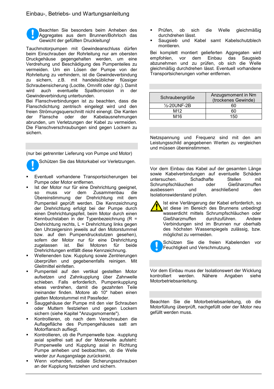 Einbau-, betriebs- und wartungsanleitung, 4 kuppeln von pumpe und motor, 5 spannung und frequenz | 6 kabel, 7 isolationswertmessung, 8 motorfüllung | Xylem Z8 ZR8 Z10 ZR10 Z12 ZR12 User Manual | Page 7 / 88