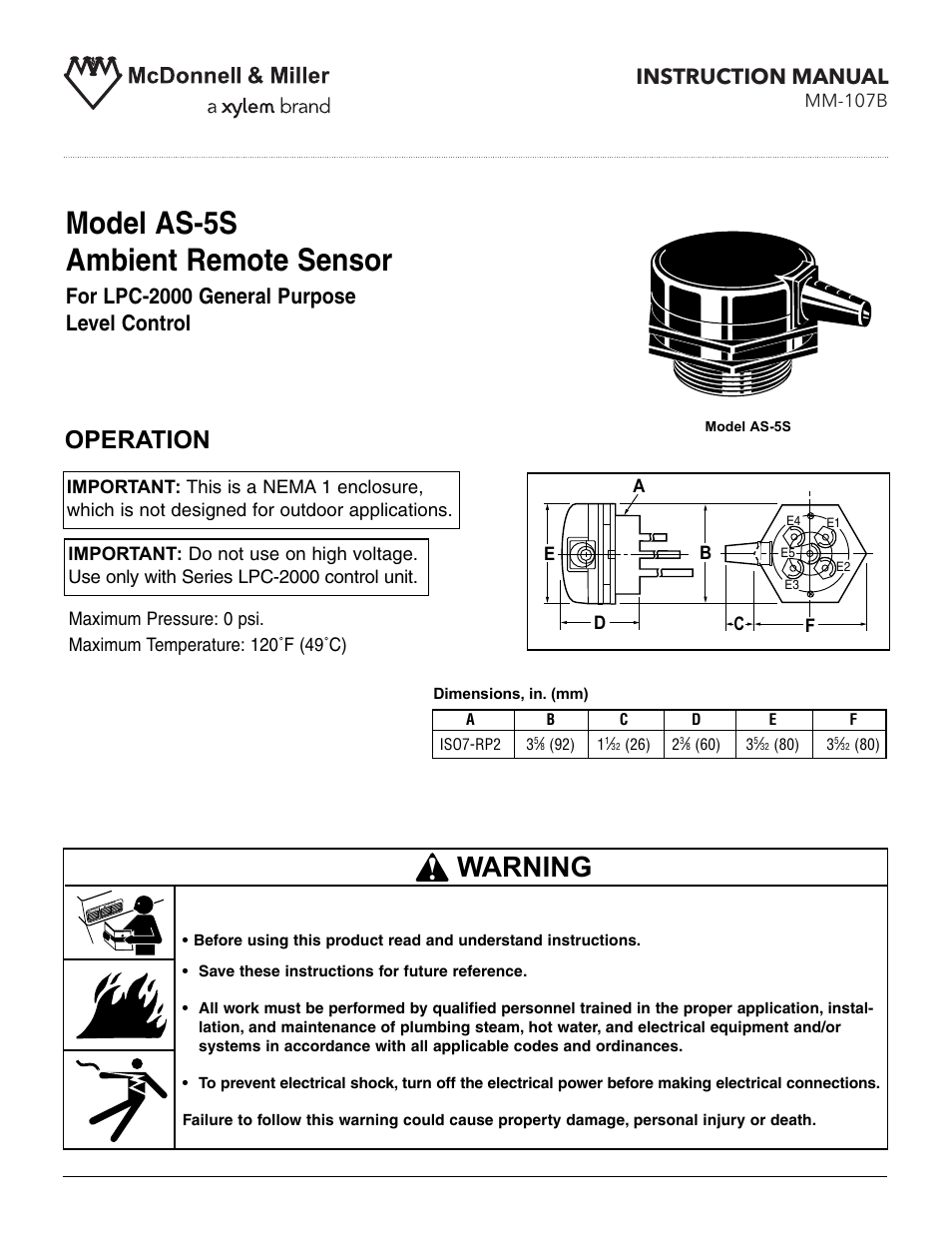 Xylem MM 107B Model AS-5S Ambient Remote Sensor User Manual | 4 pages