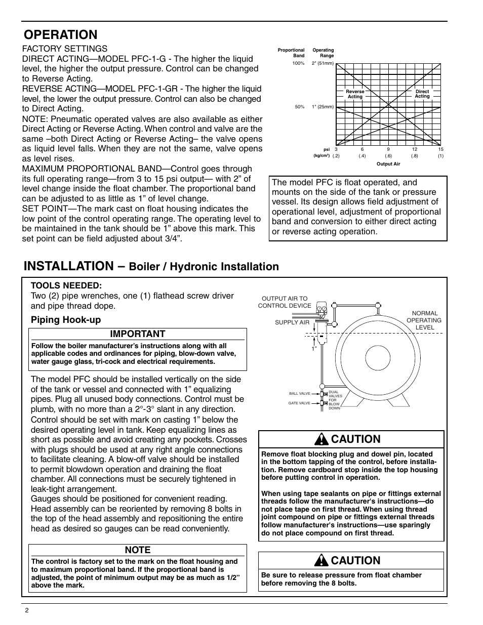 Installation, Operation, Boiler / hydronic installation | Caution, Piping hook-up, Important | Xylem MM 110C Series PFC 1G PFC 1GR Modulating Pneumatic Liquid Level Controls User Manual | Page 2 / 6