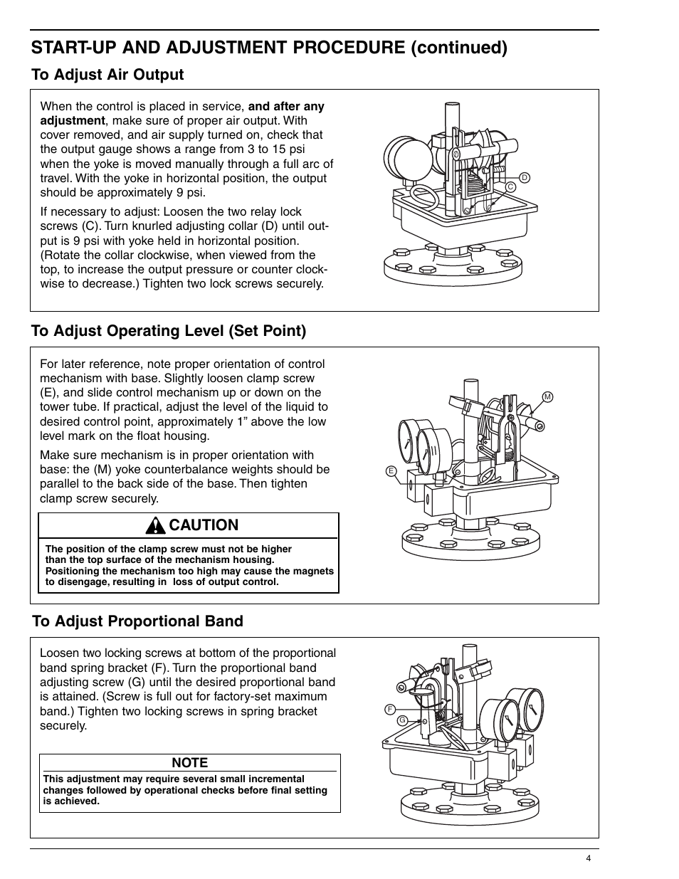 Start-up and adjustment procedure (continued), Caution | Xylem MM 110C Series PFC 1G PFC 1GR Modulating Pneumatic Liquid Level Controls User Manual | Page 4 / 6