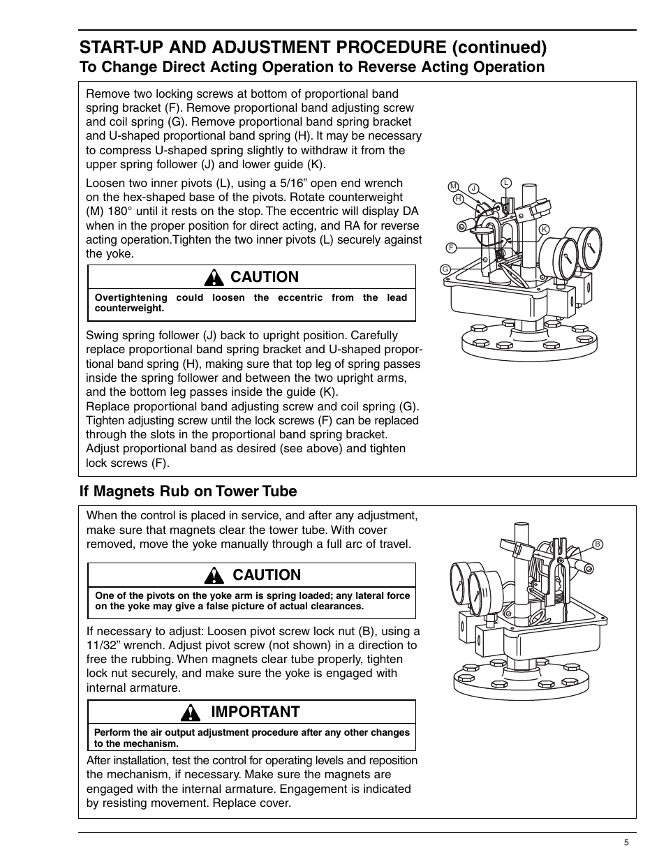 Start-up and adjustment procedure (continued), If magnets rub on tower tube, Caution | Important | Xylem MM 110C Series PFC 1G PFC 1GR Modulating Pneumatic Liquid Level Controls User Manual | Page 5 / 6