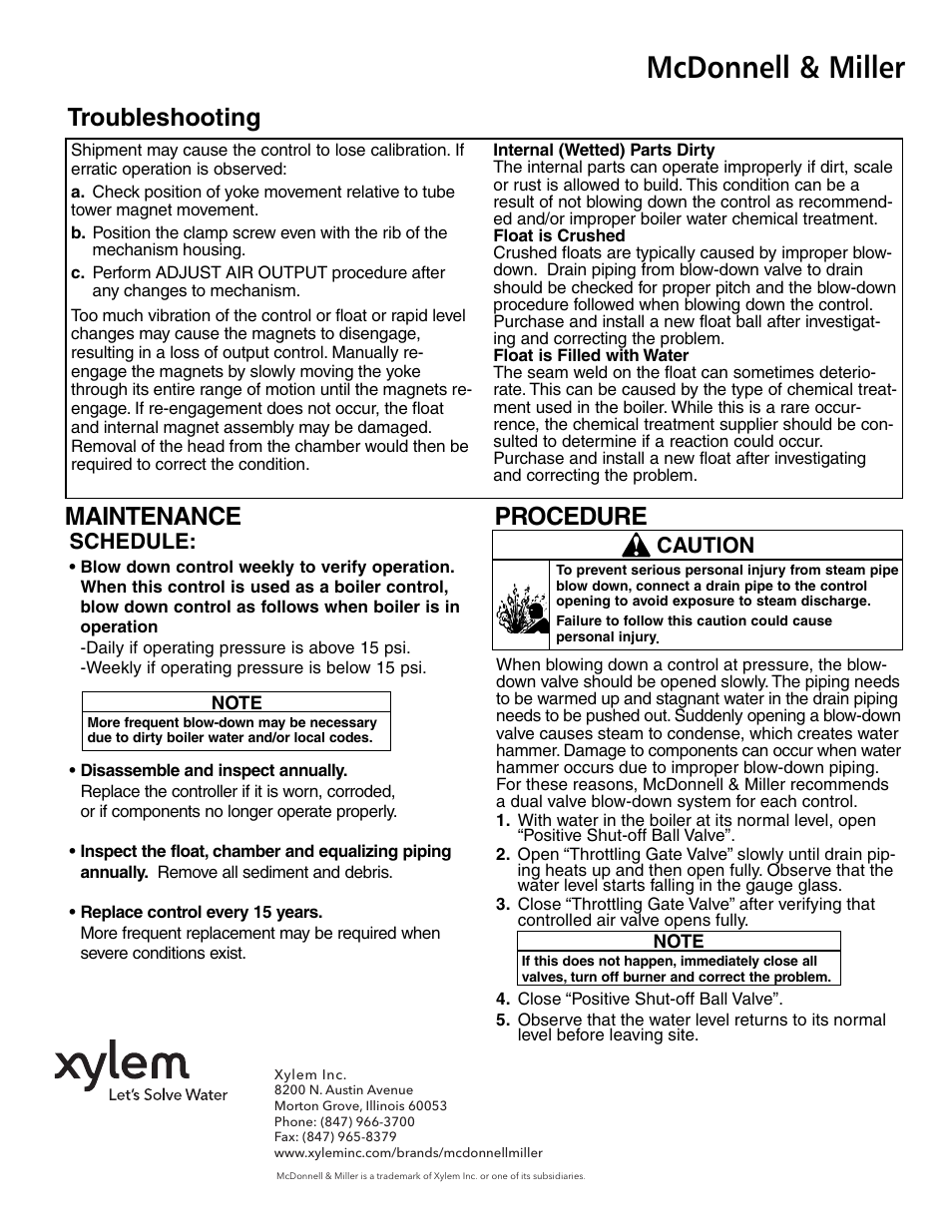 Mcdonnell & miller, Troubleshooting, Maintenance procedure | Schedule, Caution | Xylem MM 110C Series PFC 1G PFC 1GR Modulating Pneumatic Liquid Level Controls User Manual | Page 6 / 6