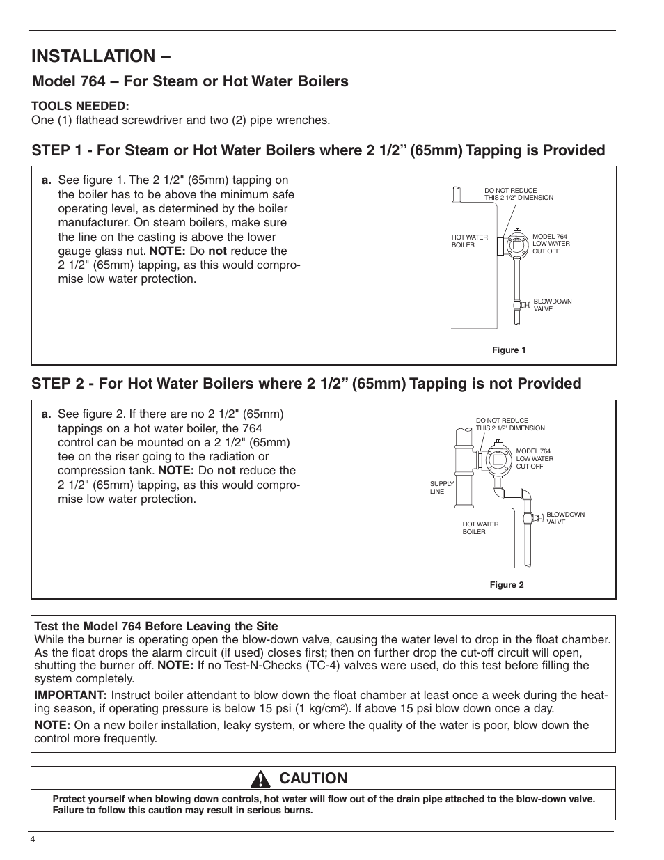Installation, Model 764 – for steam or hot water boilers, Caution | Xylem MM 200G Series 64 Low water Cut-Offs User Manual | Page 4 / 8