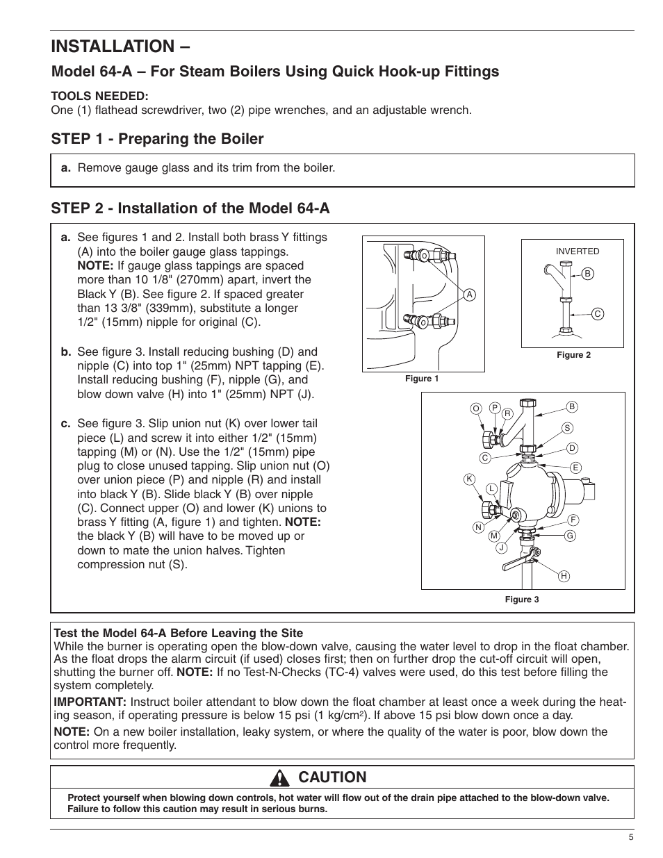 Installation, Step 1 - preparing the boiler, Step 2 - installation of the model 64-a | Caution | Xylem MM 200G Series 64 Low water Cut-Offs User Manual | Page 5 / 8