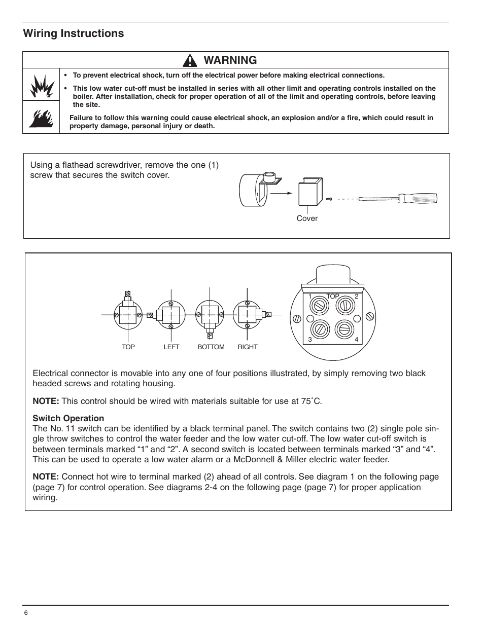 Wiring instructions, Warning | Xylem MM 200G Series 64 Low water Cut-Offs User Manual | Page 6 / 8