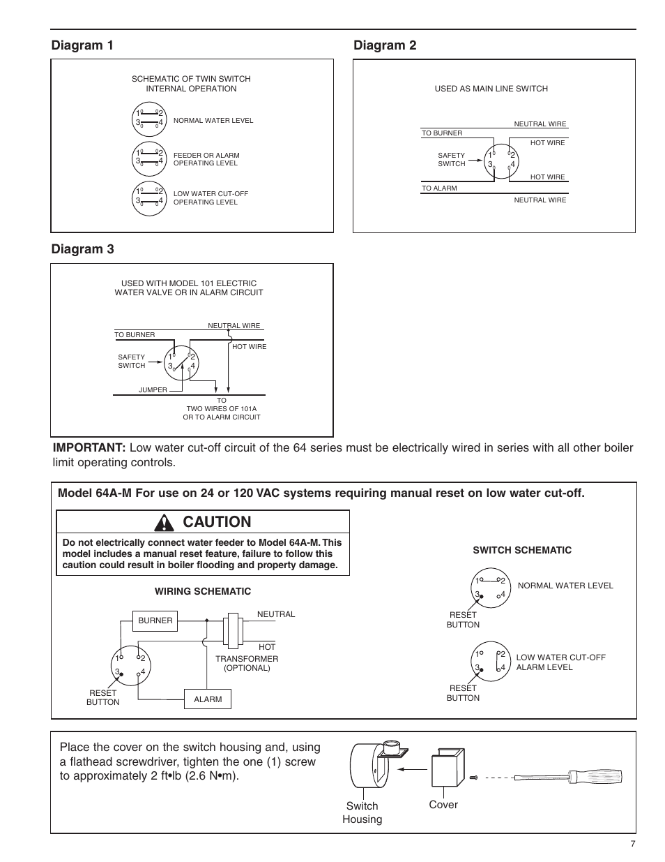 Caution, Diagram 1 diagram 2, Diagram 3 | Cover switch housing | Xylem MM 200G Series 64 Low water Cut-Offs User Manual | Page 7 / 8