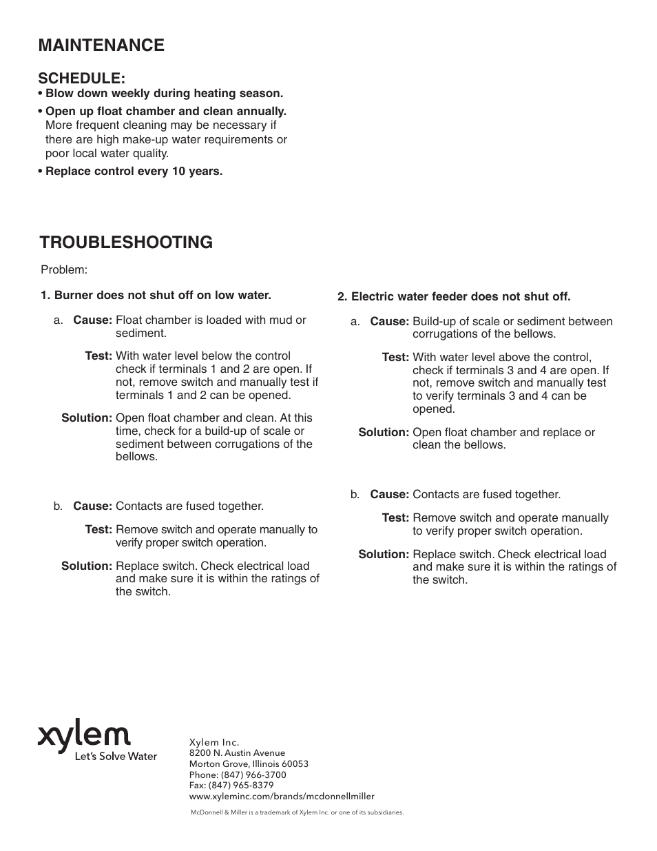 Maintenance, Troubleshooting, Schedule | Xylem MM 200G Series 64 Low water Cut-Offs User Manual | Page 8 / 8