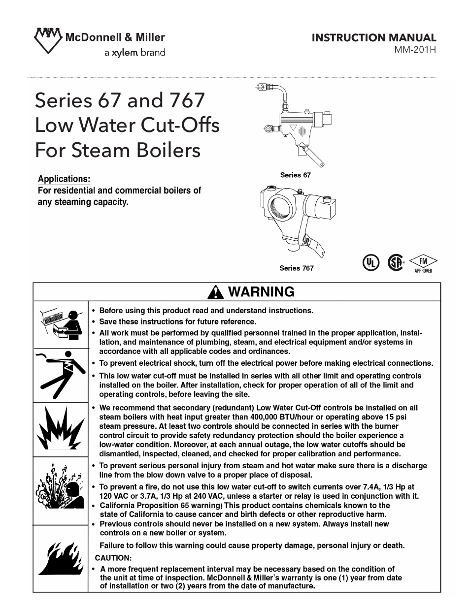 Xylem MM 201H Series 67 and 767 Low Water Cut-Offs For Steam Boilers User Manual | 12 pages