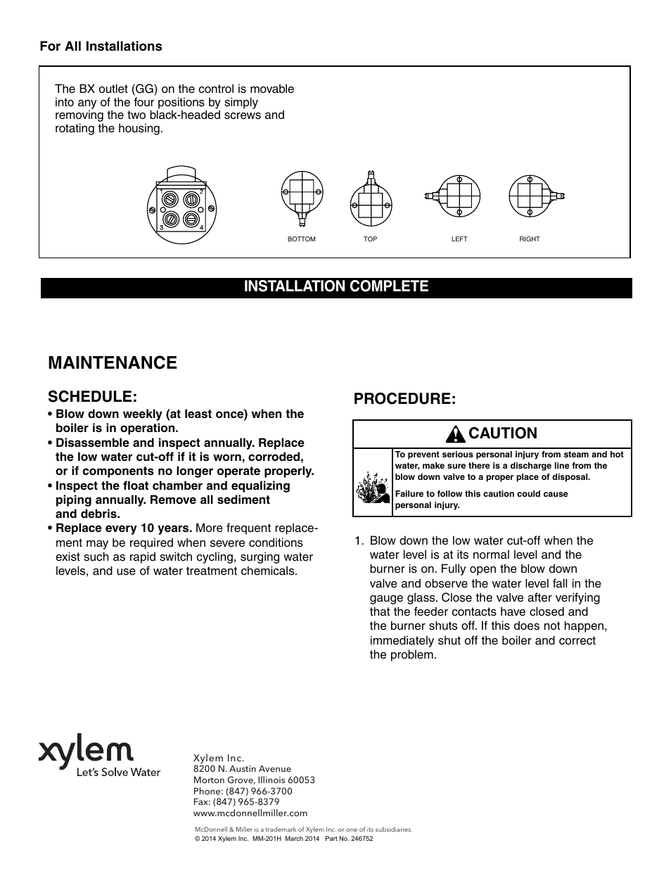 Maintenance, Schedule, Procedure | Caution installation complete | Xylem MM 201H Series 67 and 767 Low Water Cut-Offs For Steam Boilers User Manual | Page 12 / 12