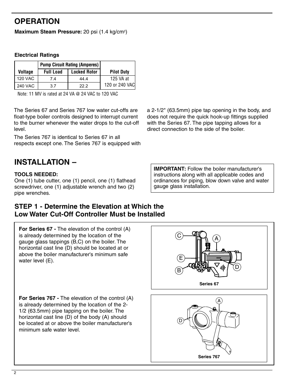 Installation, Operation | Xylem MM 201H Series 67 and 767 Low Water Cut-Offs For Steam Boilers User Manual | Page 2 / 12