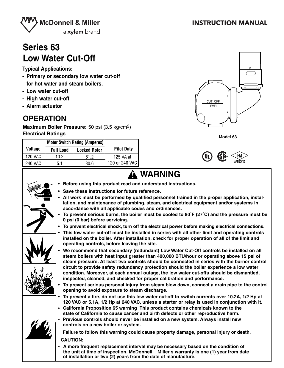 Xylem MM 206F Series 63 Low Water Cut-Off User Manual | 8 pages